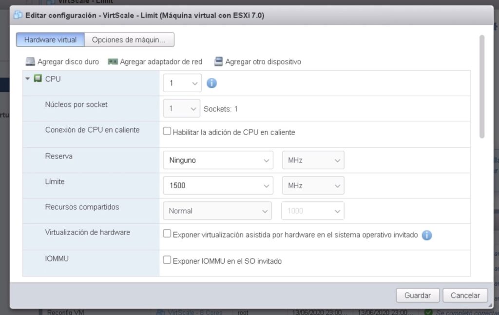 Configuración de la maquina virtual con limite de frecuencia