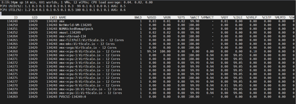 esxtop filtrado para mostrar solo maquinas virtuales con información extendida (12 cores)