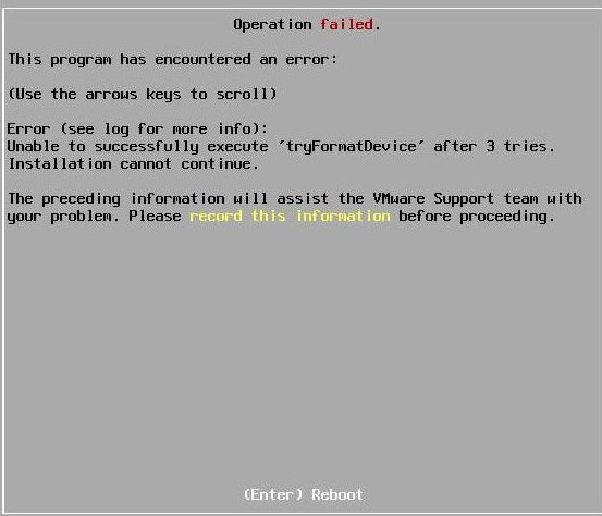 Error 'tryFormatDevice' al instalar ESXi sobre vSAN